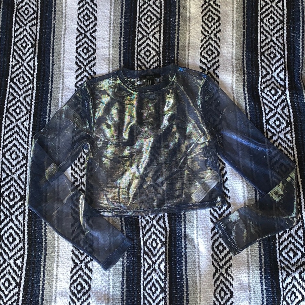 NWT Blue iridescent mesh Crop Top